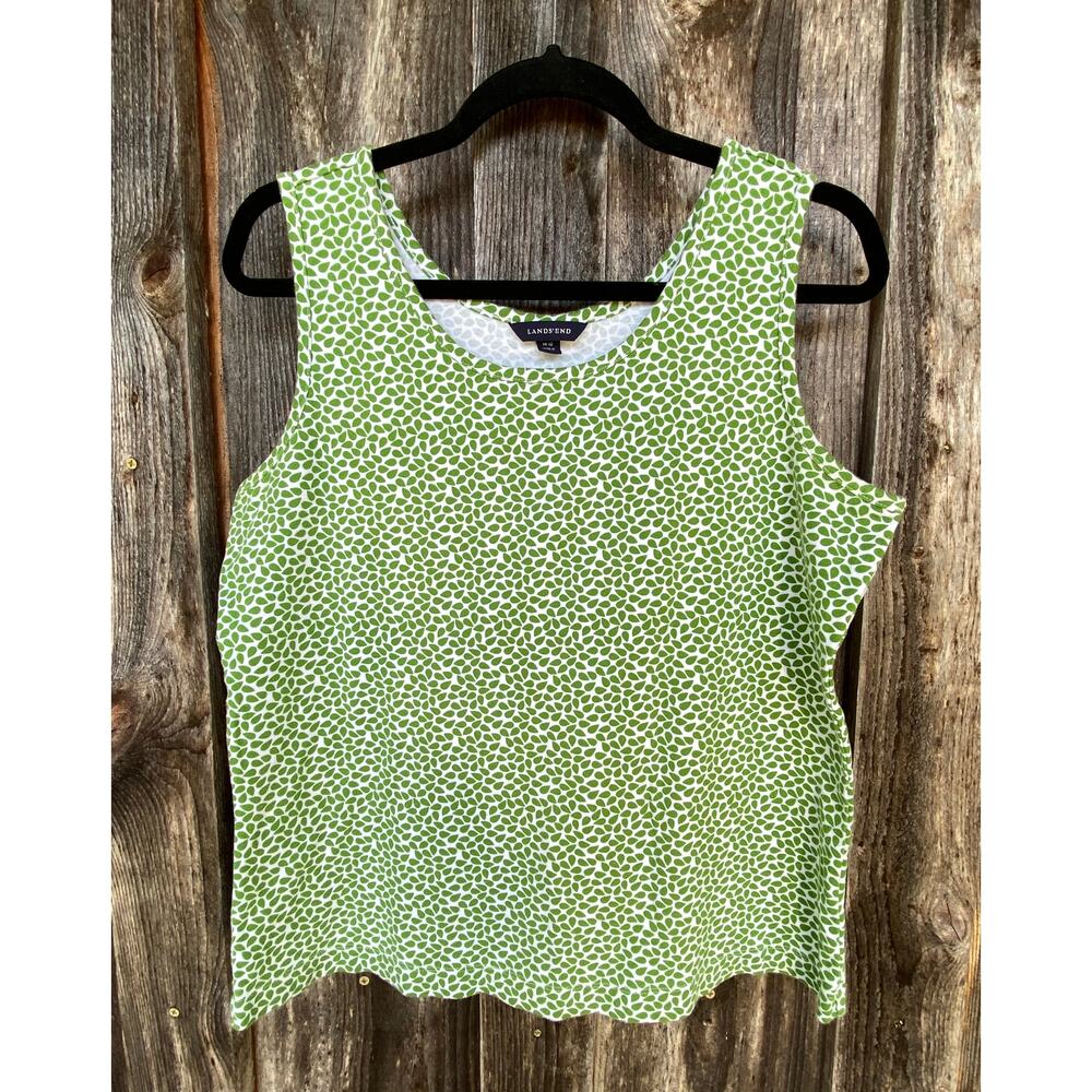Lands' End Women's M Green/White Leaf Print Soft Knit Cotton Tank